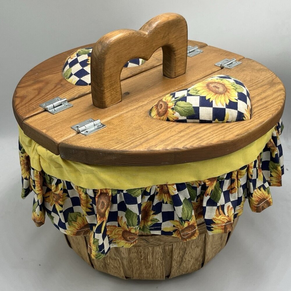 Vintage Half Bushel Sewing Picnic Basket Wooden Handle Sunflower Fabric Lined